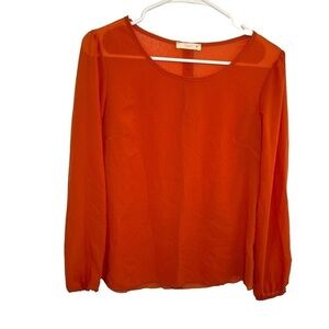 Pearl Round Neck Long Sleeve Blouse Orange Faux Button Back